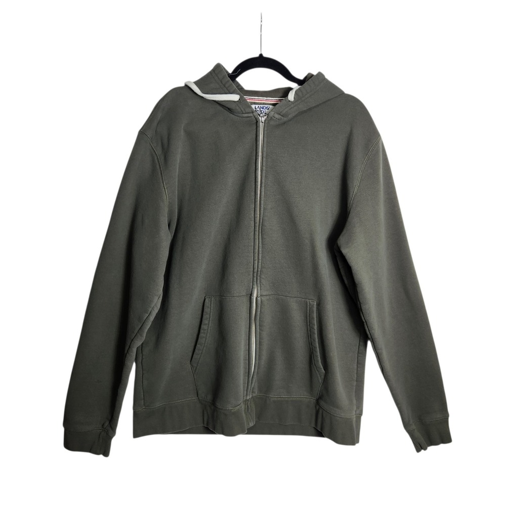 Lands End Serious Sweats Mens XL Tall Olive Green Full Zip Fleece Hoodie 62830